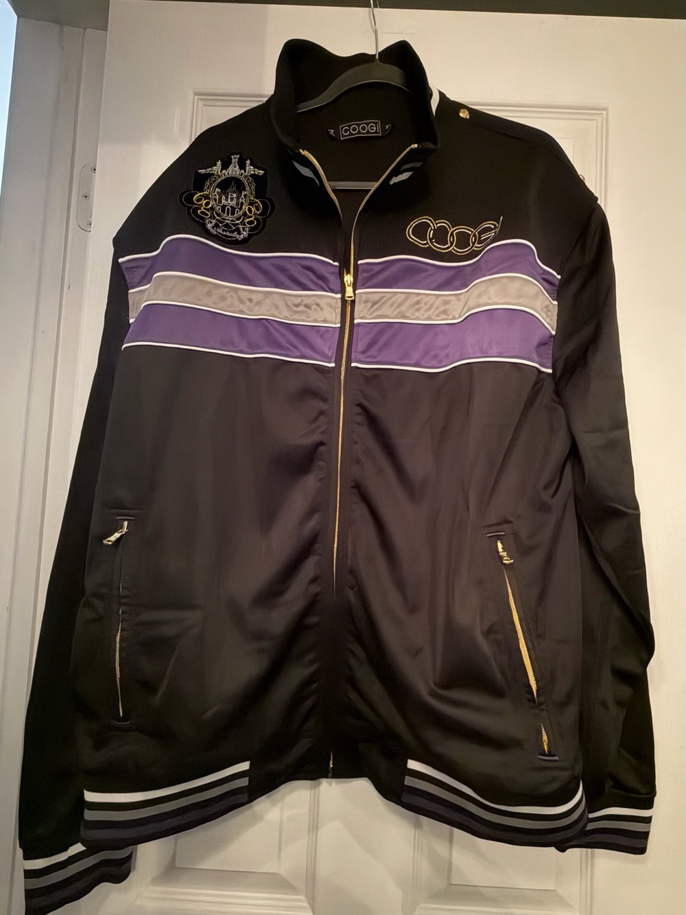 COOGI Black Bomber Jacket with Purple & Gray Chest Stripes